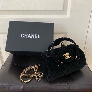 Brand New Chanel Made in Italy GWP Black Quilted Velvet Bowling Crossbody Bag